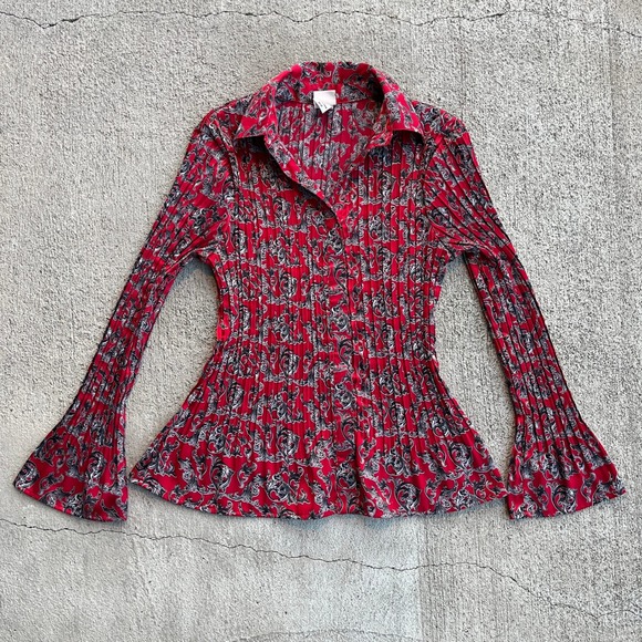 Covington Petite Tops - Covington Petite Women's Red Print Pleated Bell Sleeve Blouse Size SP
